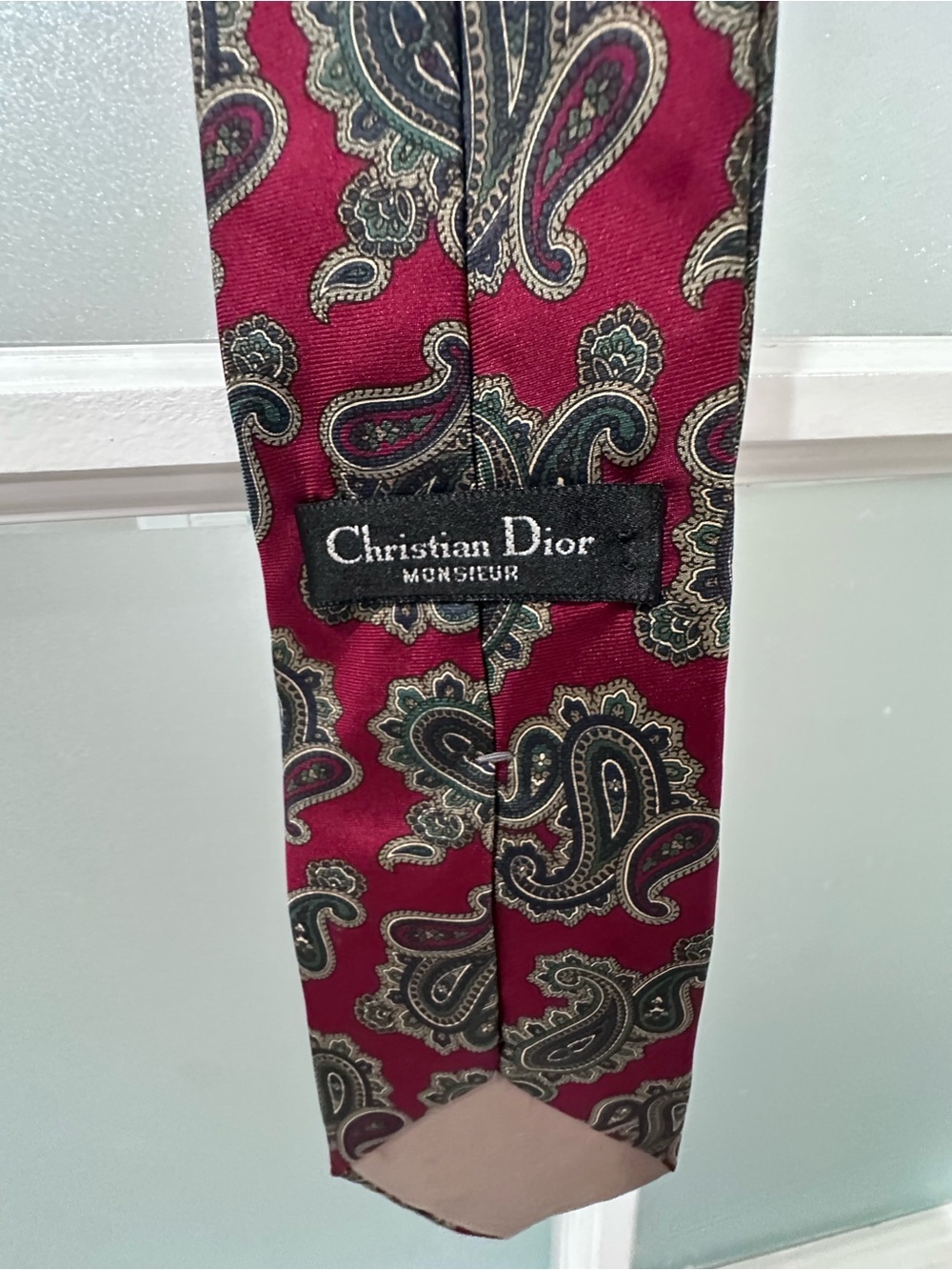 Vintage Christian Dior Monsieur 100% Silk Paisley Tie Burgundy Red Made in Italy